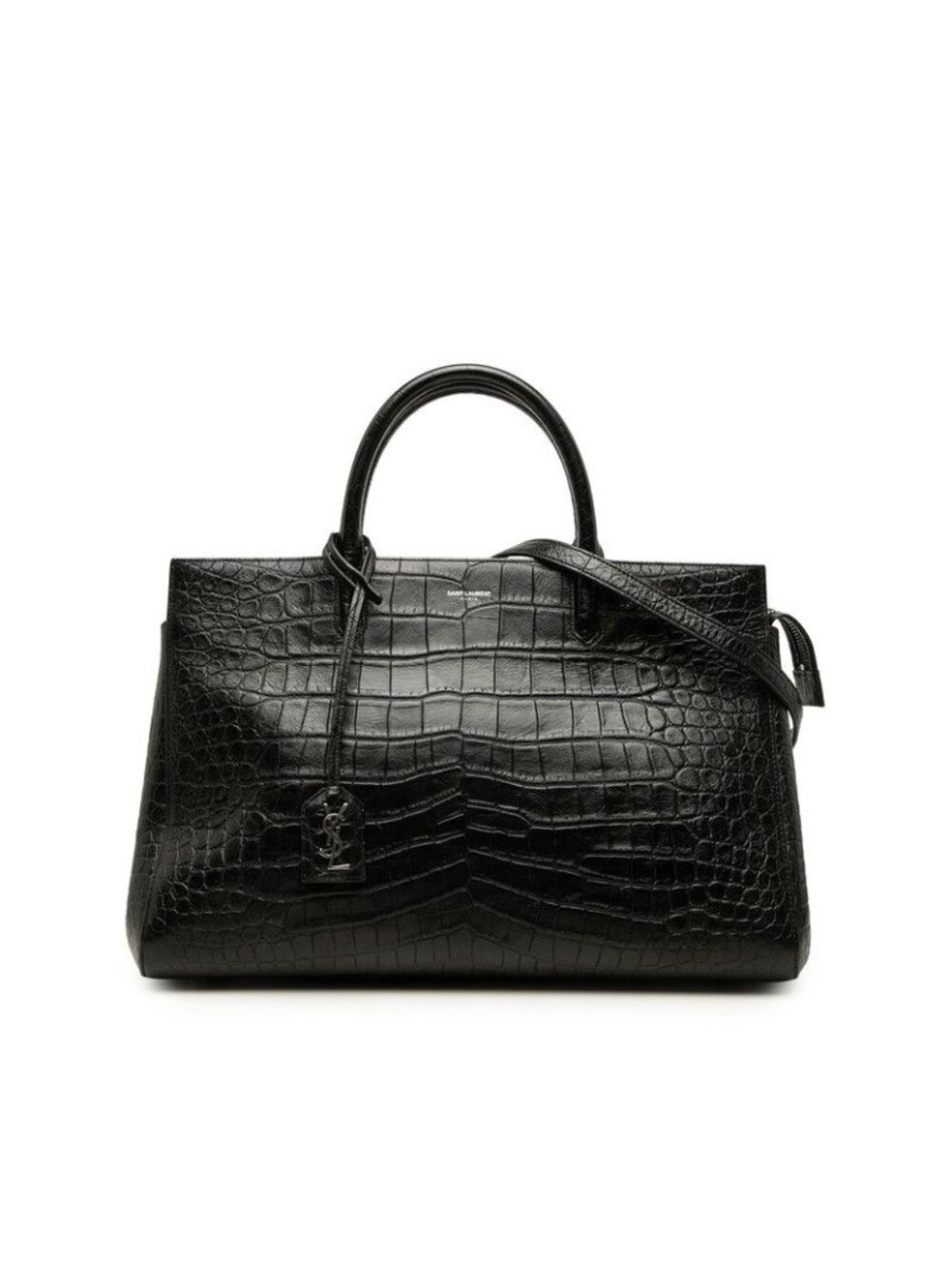 Saint Laurent Cabas Rive Gauche 2-Way Shoulder Bag Croco Embossed Black Leather